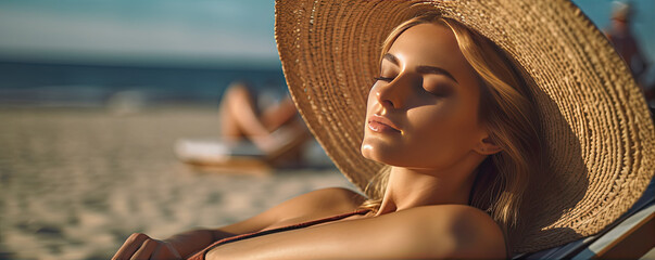 beautiful woman sunbathing on the summer beach - obrazy, fototapety, plakaty