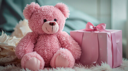 Pink bear gift for the holiday. Selective focus.