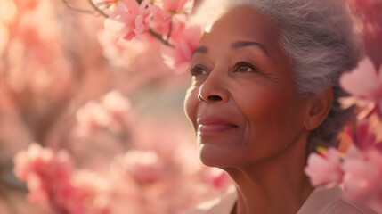Obraz premium Concept a celebration of general health, portrait profile stylish elegant senior african american happy woman, among pink magnolia flowers