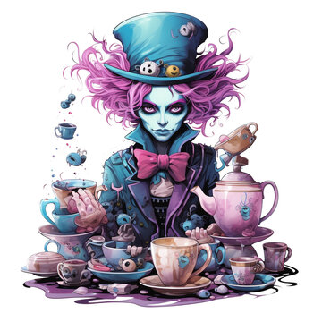 Goth pastel version of the Mad Hatter from Alice in Wonderland, having a tea party with a teapot and teacups illustration. isolated on white background