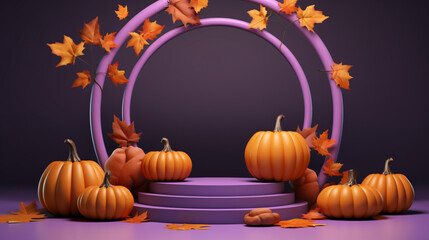3d podium with Halloween pumpkins