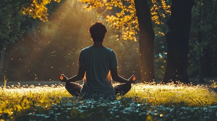 Obraz premium yoga in the park, serene image of a person meditating in a peaceful garden, representing the importance of mental health and mindfulness
