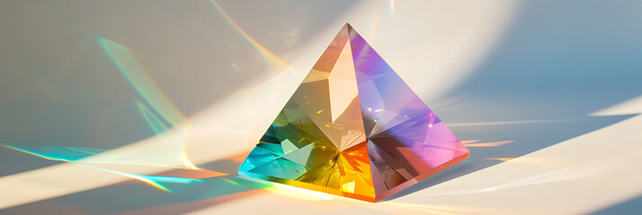 A crystalline prism refracting a spectrum of colors on a white surface, capturing the essence of love's multifaceted nature. 