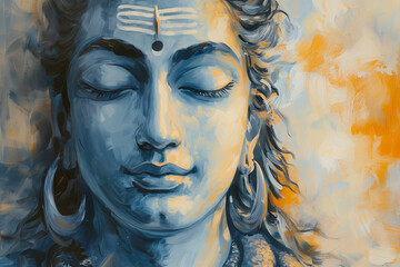 Watercolor Close-Up Portrait: Tranquil Depiction of Lord Shiva's Serene Expression with Closed Eyes, Capturing the Peaceful Essence of the Hindu Deity's Countenance in Exquisite Detail