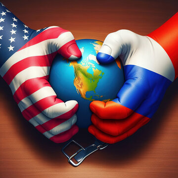 Hands painted in the colors of the US and Russian flags clutch the globe. Concept of confrontation and political struggle
