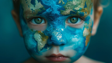 Face with Earth map make up. Ecology concept.  - obrazy, fototapety, plakaty