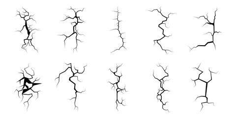 Ground cracks set. Earthquake and ground cracks, hole effect, craquelure. Vector illustrations can be used for topics earthquake, crash, destruction, wall cracks.