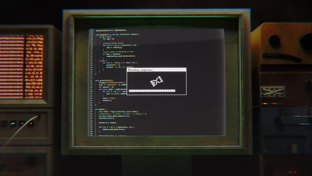 Zoom in on a retro computer running a hacking sequence