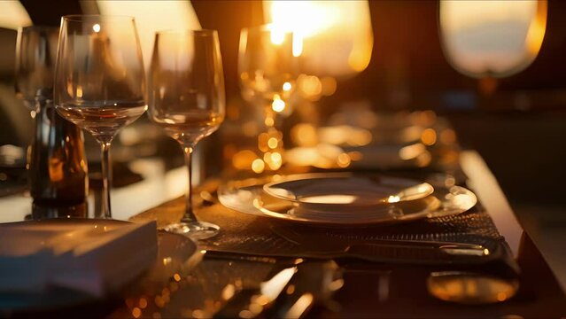 A stunning sunset provides the perfect backdrop for a sophisticated dinner in the private jet, highlighting the intricate details of the fine china and silverware.