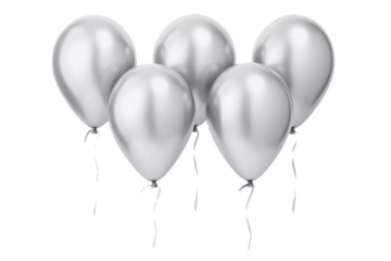 Silver helium birthday balloons on transparent background. Generative ai design.