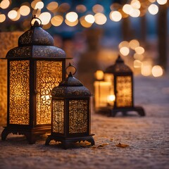 This image exquisitely captures the intimate essence of Eid Al-Fitr with a traditional lantern casting a warm glow over an ornate spread