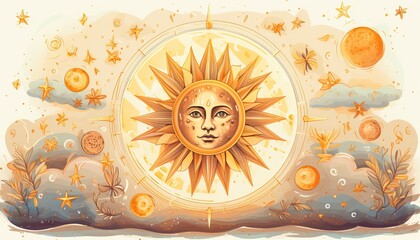 Celestial magic tarot card design on aesthetic white background with sun face, clouds, and stars - obrazy, fototapety, plakaty