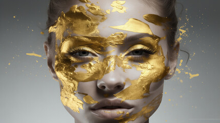 Woman With Gold Paint on Her Face - Stunning Portrait Celebrating Feminine Beauty. Concept of a strong woman.