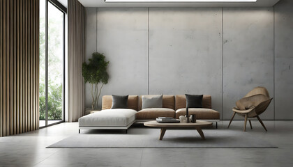 Modern living room interior design and concrete texture wall background. Generative AI.