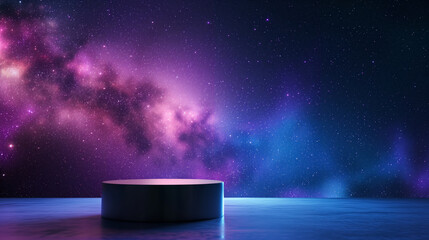 An empty black podium against the backdrop of blue purple outer space. for product display, Blank showcase, mock up template or cosmetic presentation. - obrazy, fototapety, plakaty