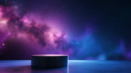 Fotobehang An empty black podium against the backdrop of blue purple outer space. for product display, Blank showcase, mock up template or cosmetic presentation. © Naris