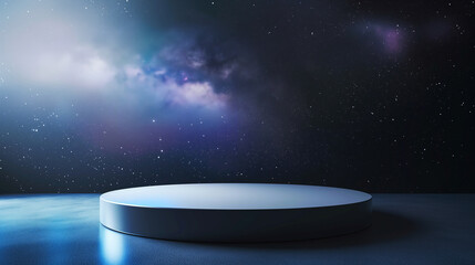 An empty white podium against the backdrop of dark purple outer space. for product display, Blank showcase, mock up template or cosmetic presentation.