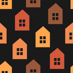 Seamless pattern with colorful house and black background