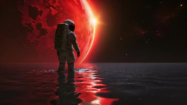An astronaut standing on the surface of an unknown planet with a giant red planet and stars in the background.
