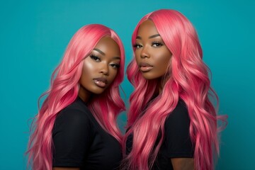 Obraz premium Two beautiful African American women models with pink hair. Beauty salon, hair coloring