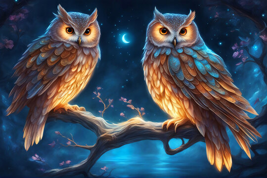 Two owls in the night sitting in a tree branch.