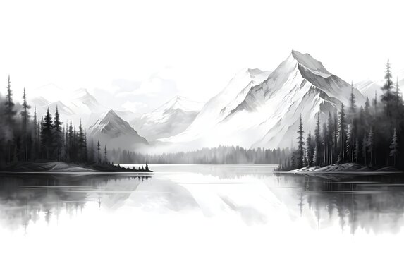 Mountain lake graphic art very beautiful black and white landscape illustration vector