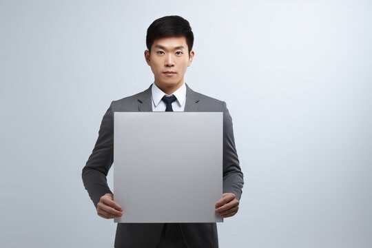 Portrait of working Japanese Businessman holding white board, studio shot Generative AI
