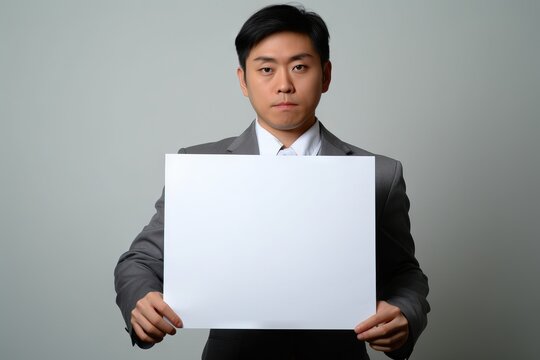 Portrait of working Japanese Businessman holding white board, studio shot Generative AI
