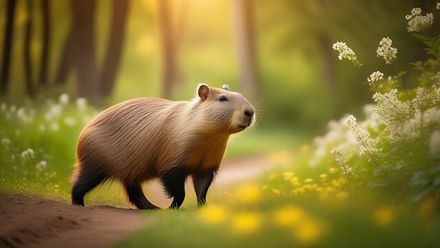 A screensaver with a happy capybara walking through a spring forest, with a free place to insert text. The concept of a tourist poster