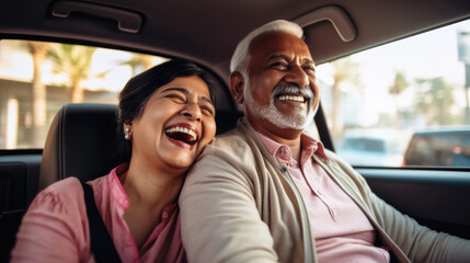 Happy  senior couple of Indian ethnicity sitting inside a car and enjoying the trip