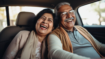 Happy  senior couple of Indian ethnicity sitting inside a car and enjoying the trip - obrazy, fototapety, plakaty