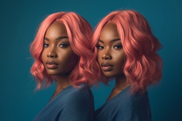 Two beautiful African American women models with pink hair. Beauty salon, hair coloring