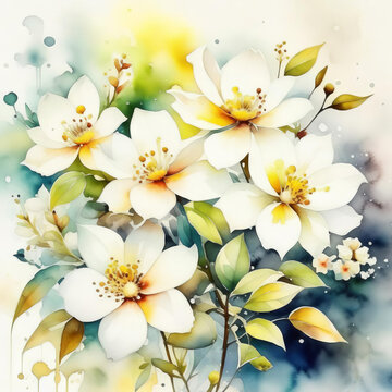 Watercolor white flowers illustraration. Spring floral pattern