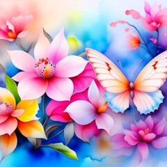 Spring Watercolor beautiful flowers and butterfly illustraration.