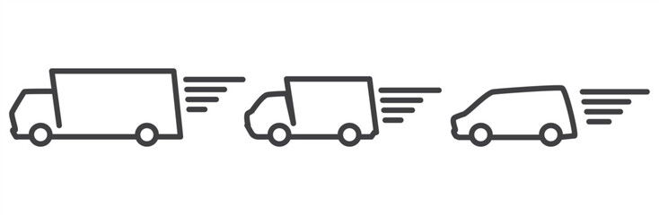 Icon set of Delivery service in line style. Logistic trucking, Express delivery trucks, Fast shipping truck, Delivery icon vector illustration in simple black style symbol sign for apps and website.
