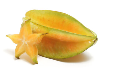 Sliced and whole fresh organic star fruit delicious isolated on white background clipping path