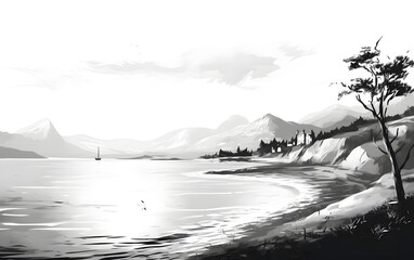 sea ​​beach vector illustration very beautiful black and white landscape sketch