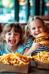children eat fast food in a cafe. Selective focus.