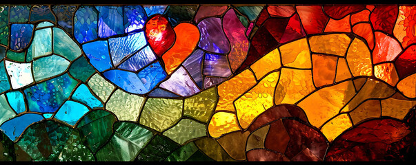 A mosaic of stained glass forming an abstract representation of love's journey, with each piece telling a unique story.  - obrazy, fototapety, plakaty