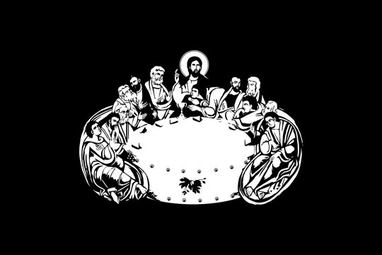 Traditional orthodox image of the Last Supper. Christian antique illustration black and white in Byzantine style