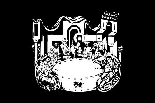 Traditional orthodox image of Holy Communion. The Last Supper. Christian antique illustration black and white in Byzantine style
