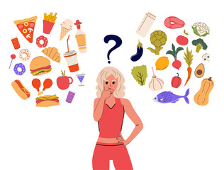 Blonde girl in a red sports suit compares healthy and unhealthy foods in her head. Vector illustration. Isolated. Character. Food difference.
Junk food. Sports and fitness. Weight loss and gain. Eat