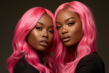 Two beautiful African American women models with pink hair. Beauty salon, hair coloring