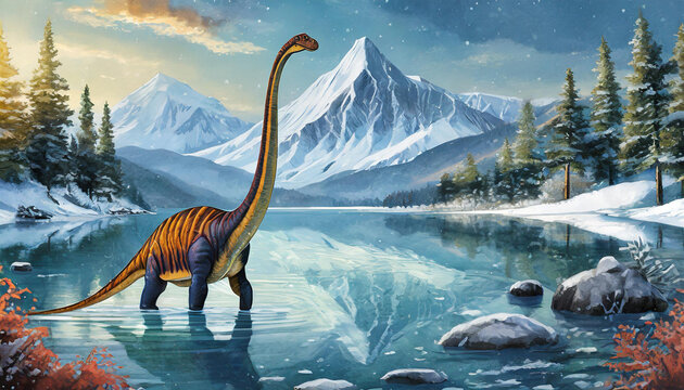 Brachiosaurus dinosaur walks alone into cold lake, art design