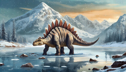 Fototapeta na wymiar Stegosaurus dinosaur walks alone into cold lake, art design