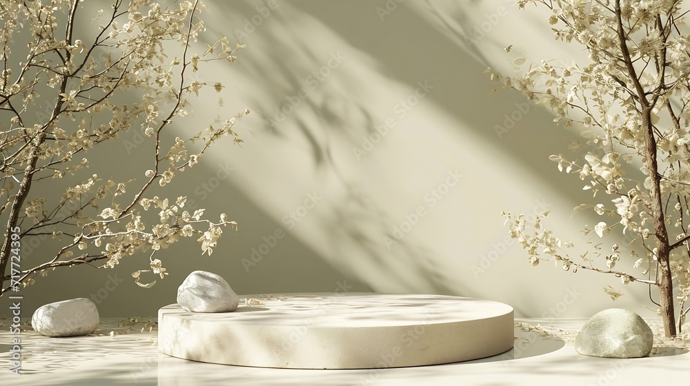 Poster Generative AI : Composition empty podium material tree stone dry flowers. Product presentation. 