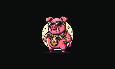 pig wearing sun glass and gold vector design
