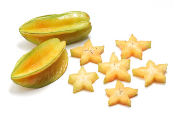 Separate sliced and two whole fresh organic star fruit delicious isolated on white background clipping path
