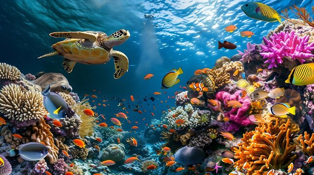 Generative AI : Colorful coral reef with many fishes and sea turtle.
