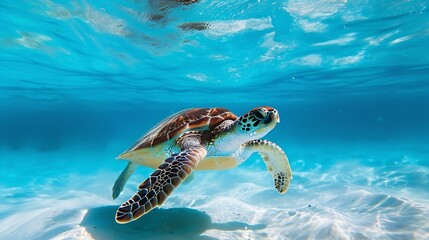Generative AI : Sea turtle in the shallow vivid blue ocean with sandy seabed. 
